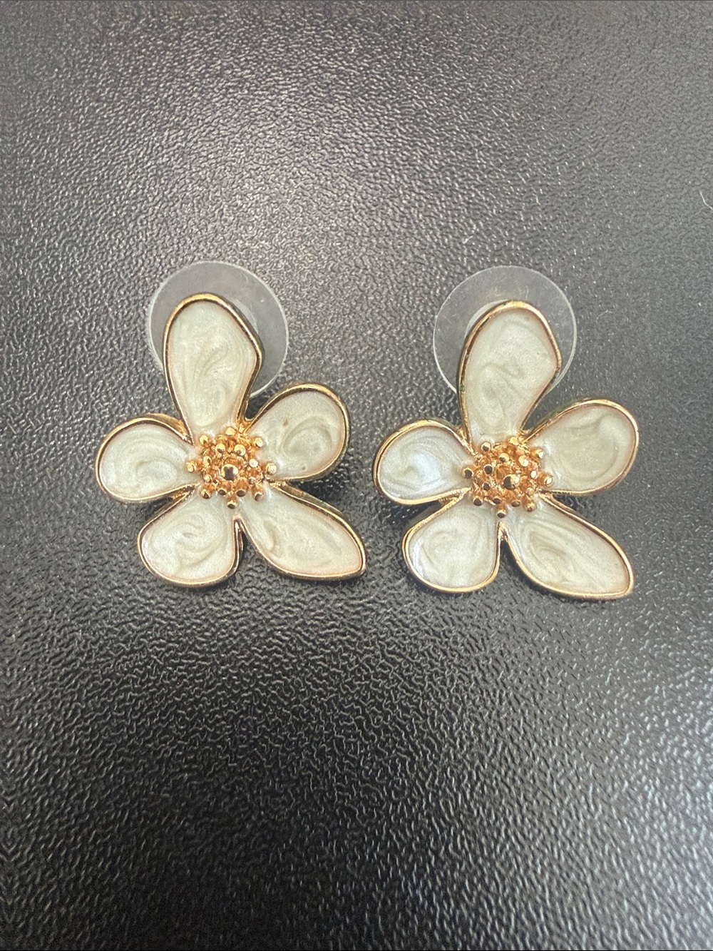 Mignonne Gavigan White Enamel Flower Stud Earrings with Gold Trim